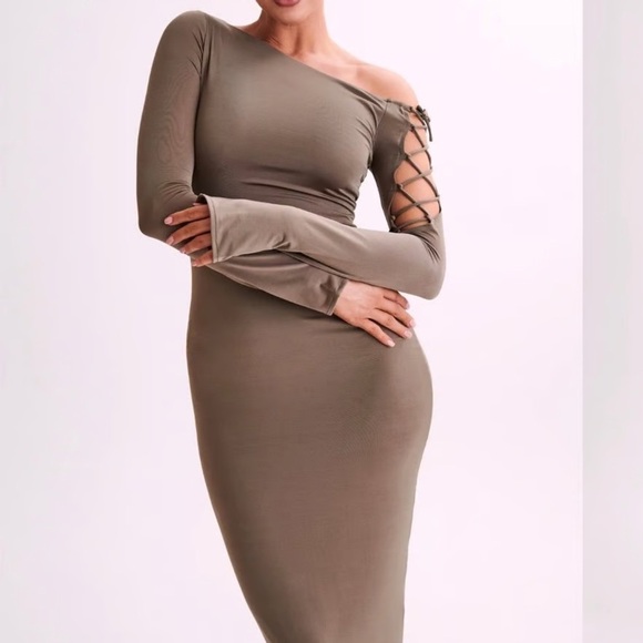 Meshki Gabby dress Elegant Brown One-Shoulder Dress mushroom color M #10 - Picture 2 of 14